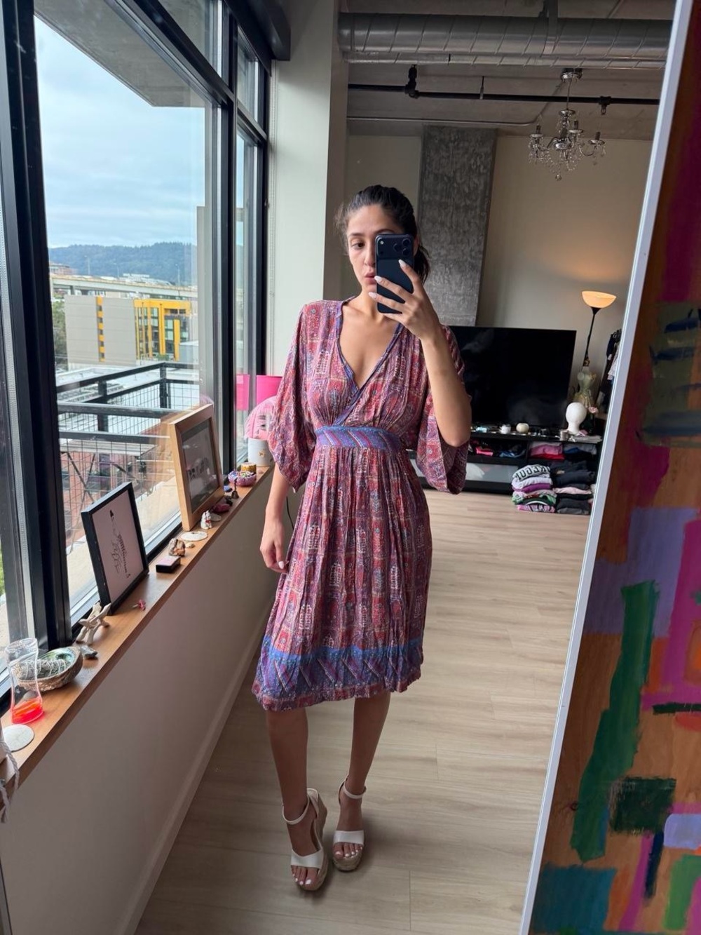 Women's Printed V-Neck Midi Dress in Mauve with Blue Accents